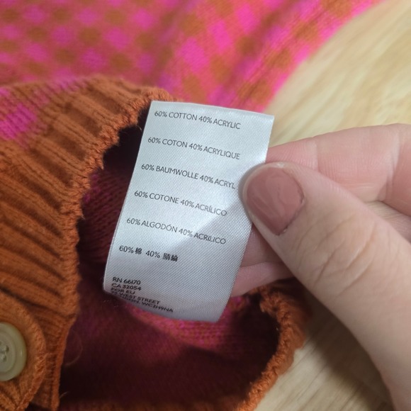 Free People Pink Orange Checkered Cropped Cardigan Sweater Womens Size Medium - Picture 4 of 8